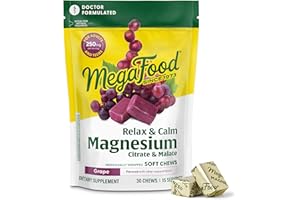 MegaFood Relax + Calm Magnesium Complex with Magnesium Citrate & Malate for Heart Health, Muscle Tension & More – Doctor Formulated - Vegetarian – Grape Flavor - 30 Soft Chews (15 Servings)