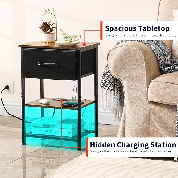 LAKEMID NIGHTSTANDS SET OF 2 WITH CHARGING STATION AND DRAWER, END TABLE BEDSIDE TABLE WITH 20 COLORS LED LIGHT STRIP AND 2 LAYERS SHELF FOR BEDROOM LIVING ROOM SOFA COUCH (BLACK)
