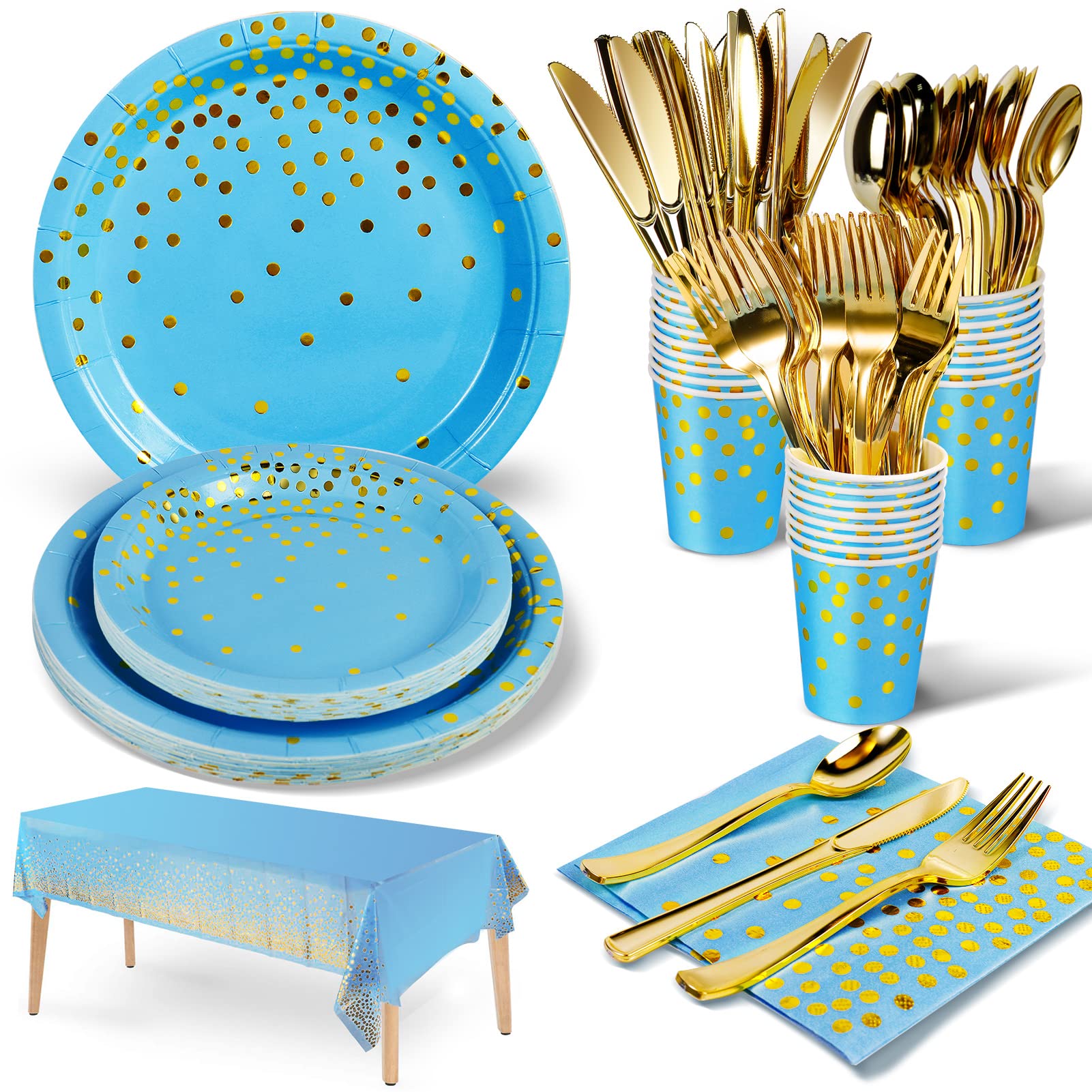 Nkaiso Party Tableware Sky Blue Gold 141 Pieces Paper Supplies Set Includes Paper Plates Napkins Cups Reusable Cutlery, for Wedding Shower, Engagement, Wedding, Birthday -20 Guests