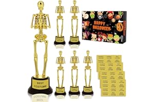 TWOWYHI 6Pcs Halloween Costume Plastic Trophy 9.25 Inch Halloween Costume Skeleton Trophies for Contest Awards with 48Pcs Stickers Gold Skeleton Trophy for Adults Halloween Party Game Prizes