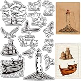 CRASPIRE Sea Scenery Background Clear Rubber Stamp Blessing Sentiment Word Lighthouse Ocean Sailboat Ship Seagull Silicone Transparent Reusable Seals for Journal Card Making Decor DIY Crafting