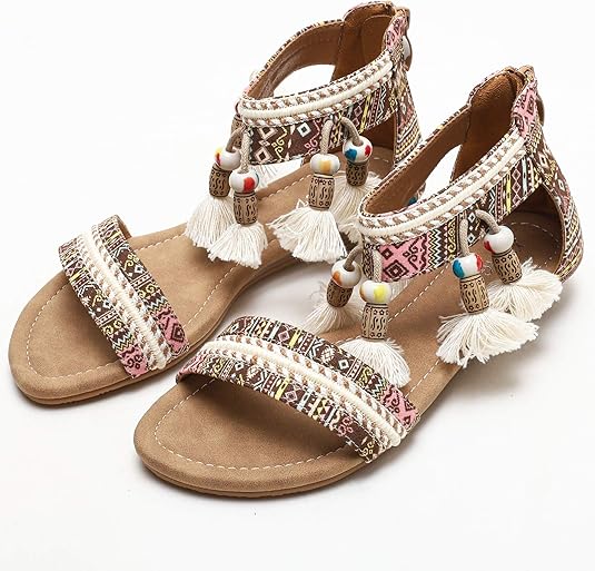 XIANGLV Damen Sandalen Flache römische Sandalen, böhmische mehrfarbige