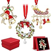 3 Pcs 2024 Christmas Crystals Hanging Ornaments Snowflake Snowman Holiday Ornament Shimmer Metal Bell Wreath on Ribbon with Gift Box for New Year Gift Xmas Tree Sun Catcher Home Hanging Decor(Holiday)