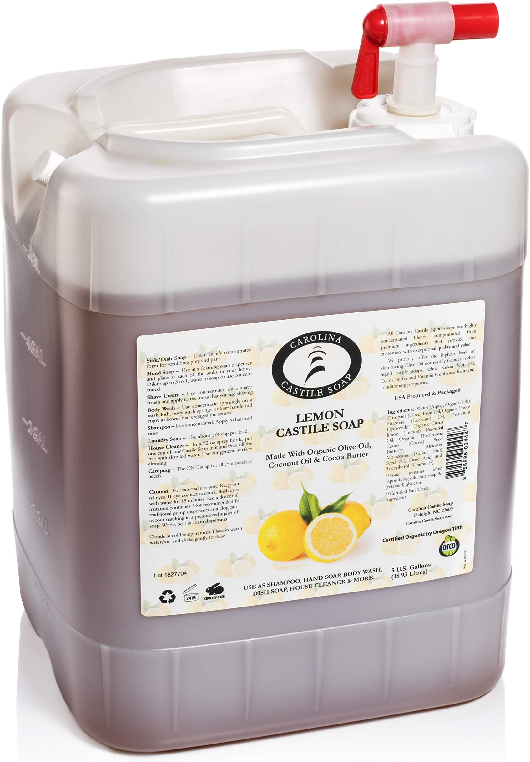 Carolina Lemon Castile Soap Liquid – Skin-Softening Olive Oil Soap Organic Body Wash – Pure Castile Soap Lemon Liquid Soap – Vegan Castille Soap Liquid (Lemon, 5 gallons)
