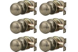 Probrico Round Door Knobs Passage Lock Antique Brass for Closet Hallway Passage Handle Keyless Lockset 6 Pack