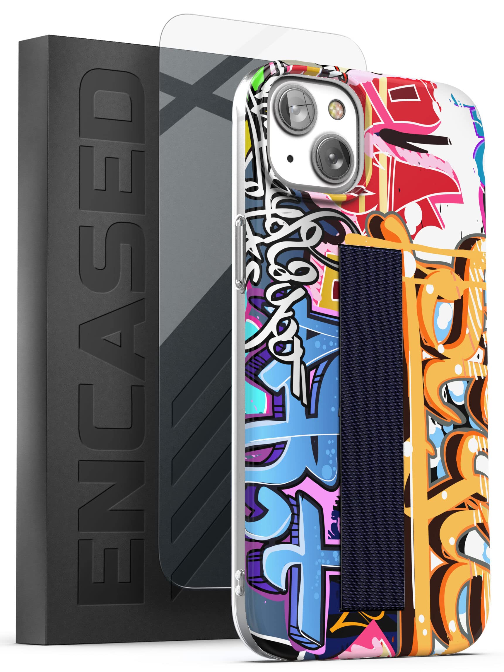 ENCASED Bando Series Designed for iPhone 14 Case with Hand Strap Loop and Screen Protector (Cool Graffiti Art)