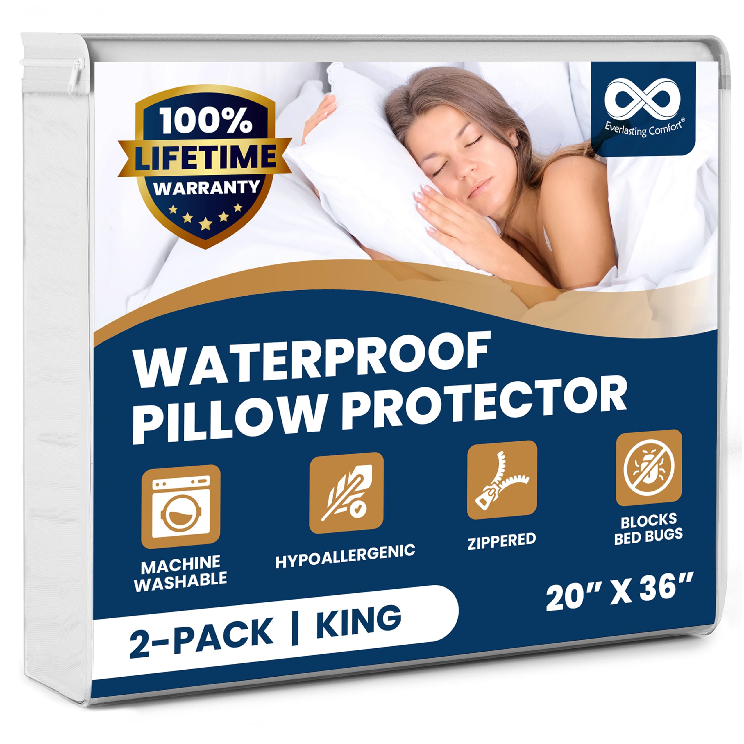 Photo 1 of 100% Stain Resistant & Waterproof King Size Pillow Protectors with Zipper Set of 2 - Bed Bug & Dust Mite Proof White Pillowcases - Breathable, Comfortable Pack of Covers for Pillows, 20 x 36 Inches