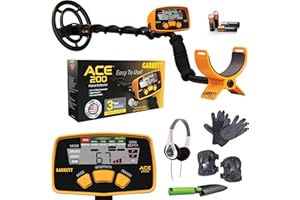 GARRETT METAL DETECTORS Garrett ACE 200 Metal Detector Starter Bundle - Made in The USA – Complete Treasure Hunting Kit with Headphones, Gloves, Knee Pads & Shovel