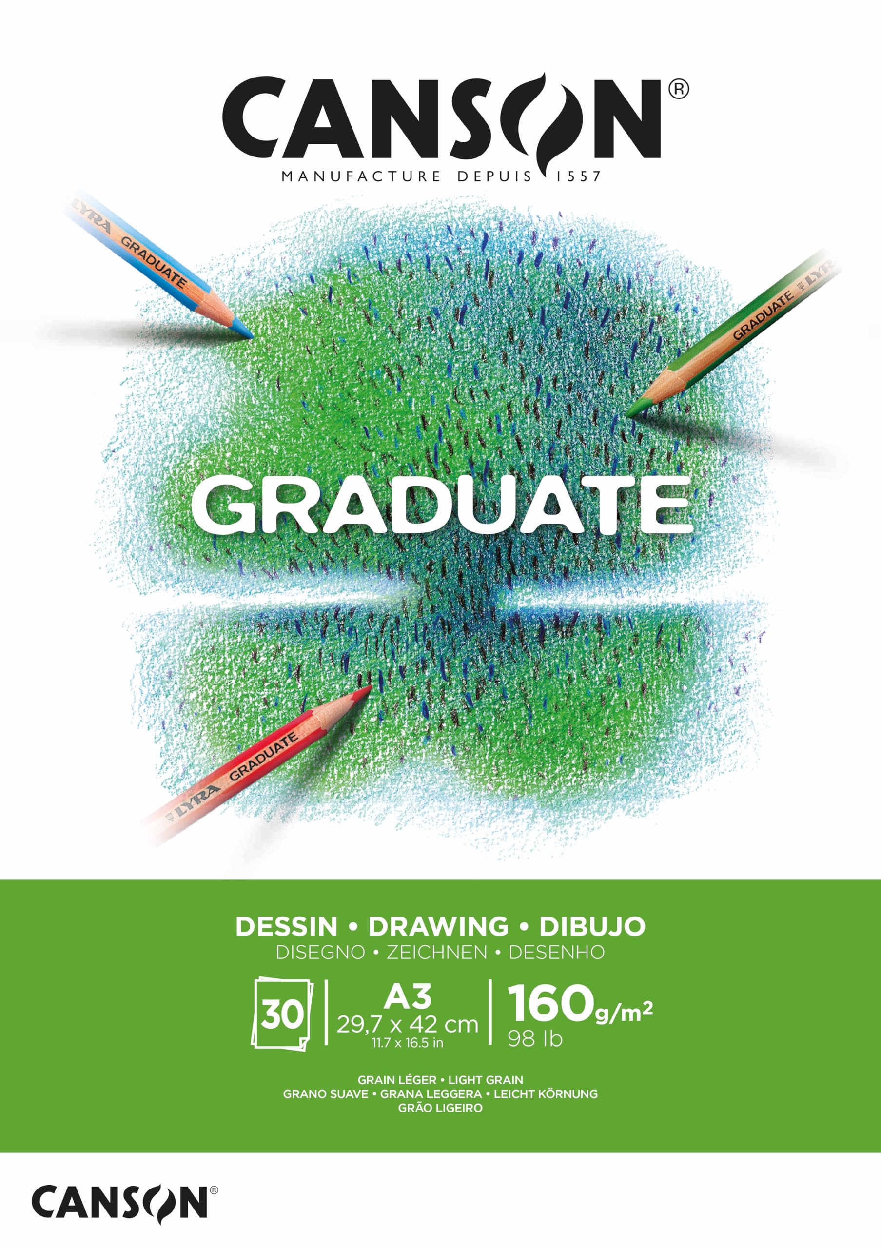 CANSON Graduate White Drawing 160gsm A3 Paper, Light Grain, Pad Glued Short Side, 30 Bright White Sheets, For Student Artists