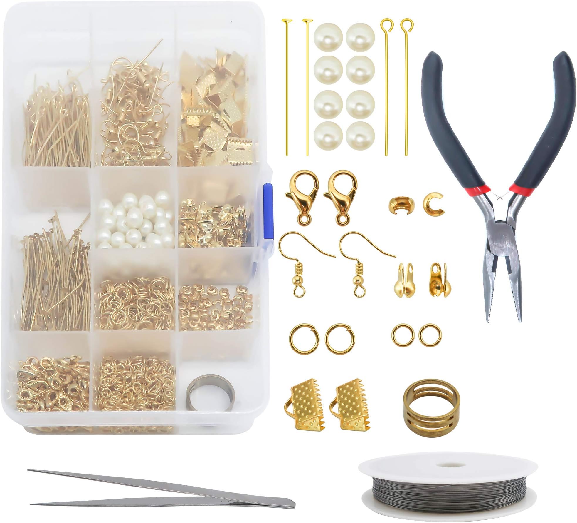 TOAOB 750pcs Jewelry Making Kit includes Steel wire gold tone findings Glass Pearl Beads and Repair Tools