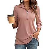 COSSEN Womens Tops Dressy Casual Shirt 3/4 Sleeve V Neck Business Casual Blouses Zipper Collar Women Polo Shirts