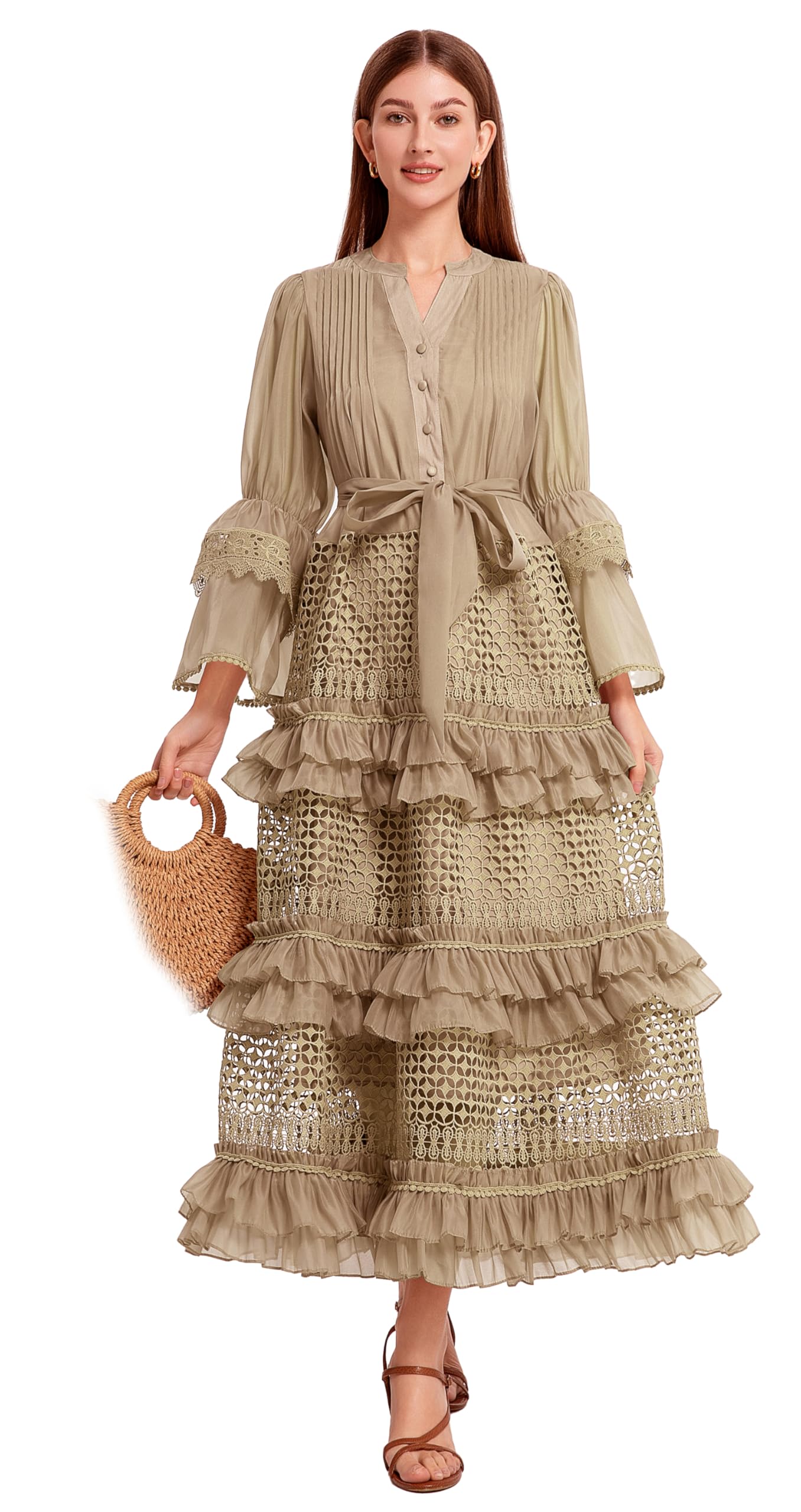 View 1 of ***MISSING BELT***
LAI MENG FIVE CATS Women's Bell Sleeves V-Neck Buttons Ruffle Layered Hem Hollow Princess Dress with Belt,Khaki,Large