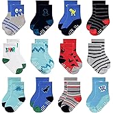 Eocom Baby Boys Grips Socks Kids Toddlers Infants Non Skid Anti Slip Crew Cotton Gifts Socks 12 Pairs