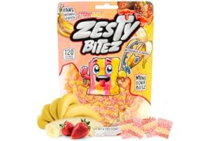 Zesty Bitez - Sour Candy Belts - Vegan Candy Strips, Super Sour Gummies - Mouth Puckering Sweet Candies for Adults & Kids - Resealable Pouch 4.2oz - Strawberry & Banana Flavored