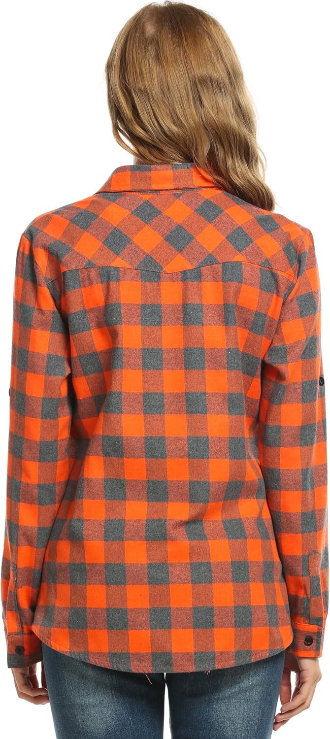 Womens Flannel Shirt Tartan Gingham Checkered Long Sleeve Button Down Plaid Shirt: Clothing