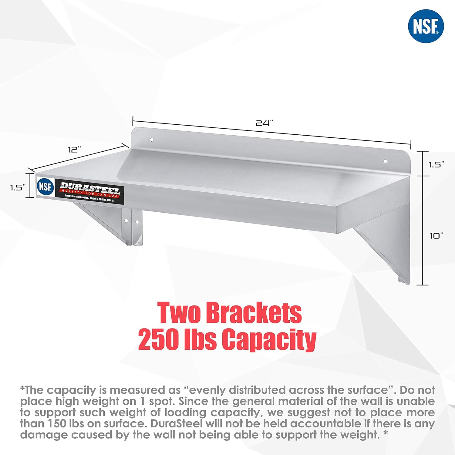 DuraSteel Stainless Steel Wall Shelf - 24" Wide x 12" Deep Commercial Grade - NSF Certified - Industrial Appliance Equipment (Restaurant, Bar, Home, Kitchen, Laundry, Garage and Utility Room): Home & Kitchen