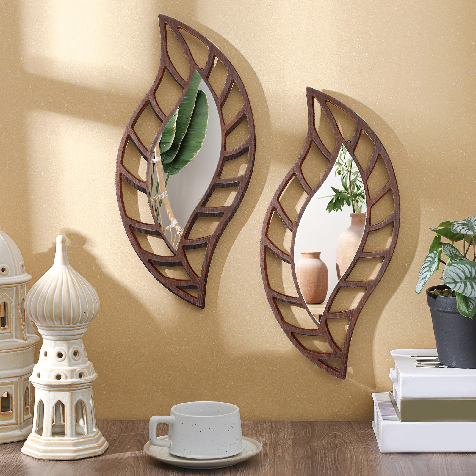 Photo 1 of Roowest 2 Pcs Decorative Mirror Wall Decor Leaf Teardrop Mirror Wall Mounted Decorations for Living Room Bedroom Bathroom Vanity Entryway Office(Brown)