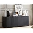 LKTART 64" Sideboard Buffet Cabinet with Storage, Wooden Fluted Storage Cabinet Sideboard with Adjustable Shelves Pressed Spring for Kitchen Living Room (Black Gray)