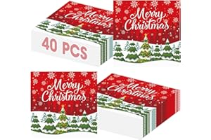LITMITFU 40 Pcs Merry Christmas Napkins - 13 Inch Christmas Cocktail Napkins Bulk, 3-Ply Red Disposable Xmas Tree Snowflakes Paper Hand Towels Tableware Set for Xmas Party Table Decorations Supplies Favors
