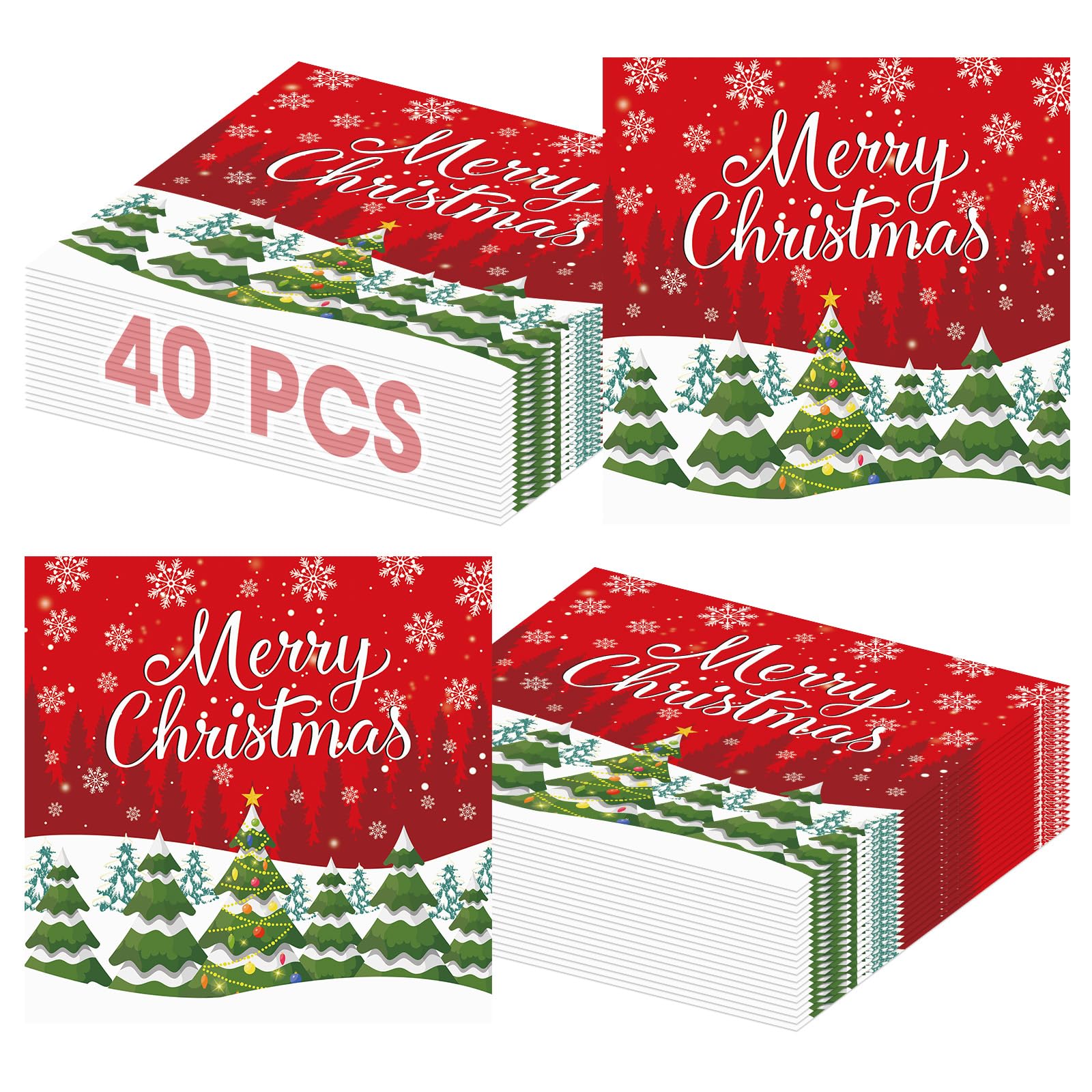 40 Pcs Merry Christmas Napkins - 13 Inch Christmas Cocktail Napkins Bulk, 3-Ply Red Disposable Xmas Tree Snowflakes Paper Hand Towels Tableware Set for Xmas Party Table Decorations Supplies Favors