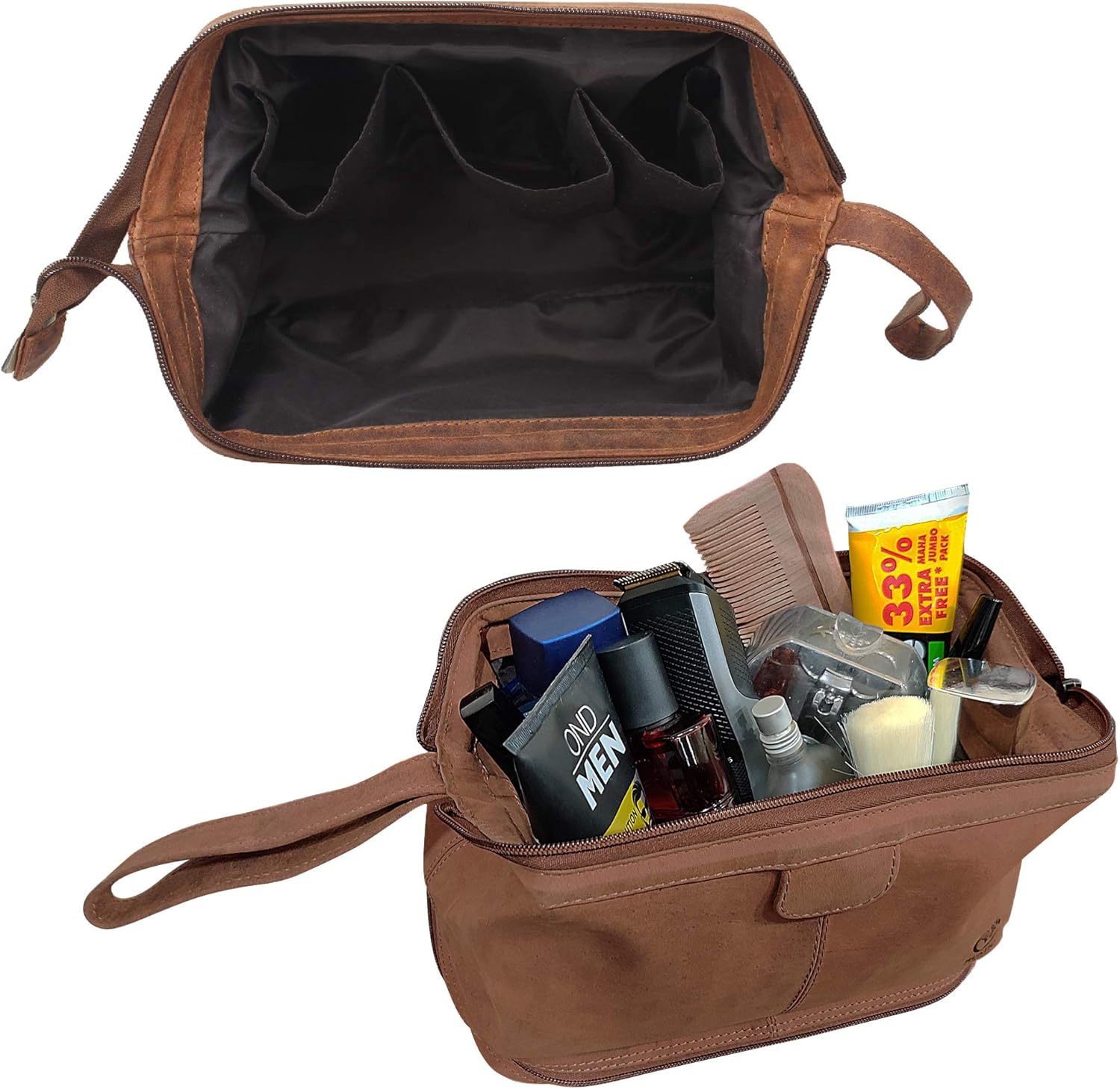 Mens Leather Wash Bag - Handcrafted Toiletry Bag for All Your Travel Toiletries, Brown - Image 4