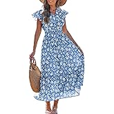 Benfoly Women's Summer Floral Midi Dress Smocked Waist V Neck Ruffle Sleeve Boho Tiered Sundress Casual Beach Vacation Outfit