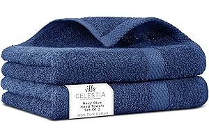Villa Celestia 100% Cotton Hand Towel Set of 2, (16 x 28 inches) Sustainable, Soft, Highly Absorbent, Quick Drying, Combed Cotton Hand Towels Pack of 2 Ideal for Hotels, Spa, Bathroom, Dorm, Navy Blue