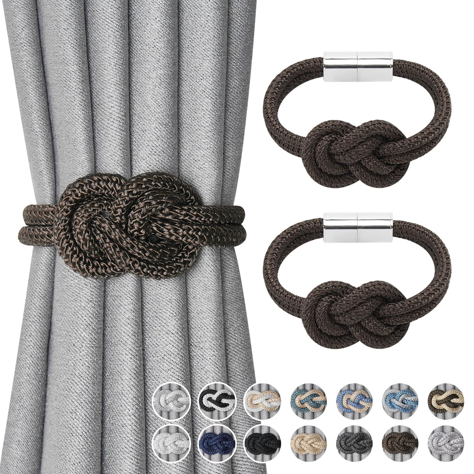 Pretty Jolly 2 Pack Mini Magnetic Curtain Tiebacks Nordic Simple Style Drape Tie Backs Elegant Hand Weave Rope Knot Decorative Curtain Holdbacks for Home & Office Window Drapery (Coffee)