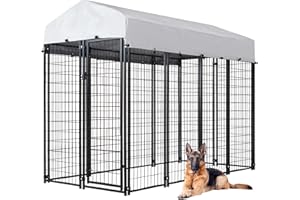797AUDIO Large Outside Dog Kennel,Outdoor Dog Run Enclosure 8'x4'x6' Dog Pen House with Roof Cover Heavy Duty Welded Wire Steel Dog Playpen Animal Fence Without Feeding Door
