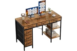 Sweetcrispy 47" Computer Desk with 6 Drawers, Home Office Gaming Desks with Storage Shelves for Bedroom, Writing Study Corner Living Room Work Table Rustic Brown