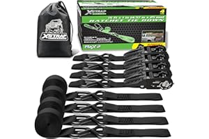 XSTRAP STANDARD Motorcycle Ratchet Tie Down Straps - 4 Pk 1'' x 15 Ft 1890 Lbs Break Strength-Cargo Straps with Integrated Soft Loops, Padded Handles & Coated Safety Clip for Motorcycle, Truck(Black)