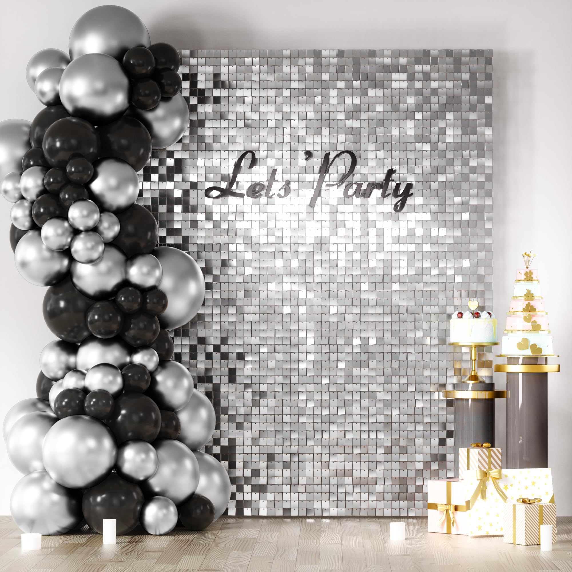 Photo 1 of COKAOBE Silver Shimmer Wall Backdrop, 24PCS Square Sequin Shimmer Backdrop Panel, Photo Backdrops for Birthday, Anniversary, Wedding, Graduation & Bachelorette Party Decoration