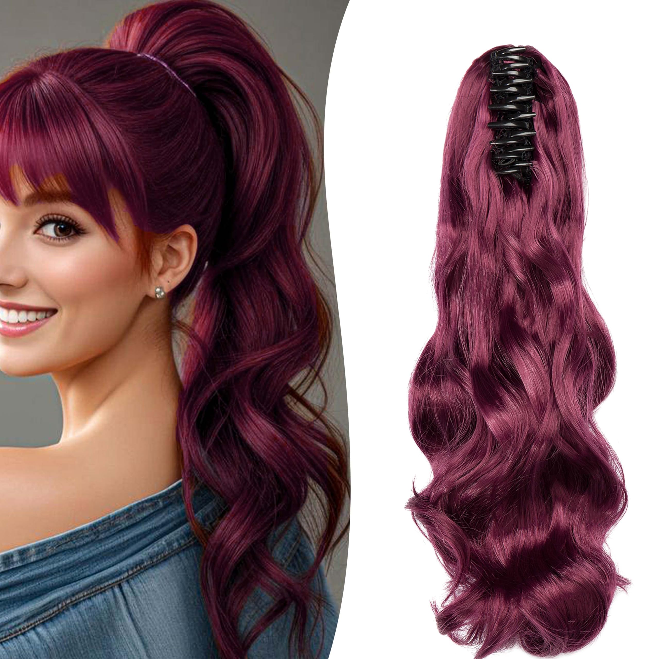Gairyan 20inch Ponytail Extension Clip in Ponytail Hair Extensions Curly Wavy Pony Tails Claw on Ponytail Long Wave Synthetic Hairpieces for Women Soft Real Look (Wine Red) โ image 1