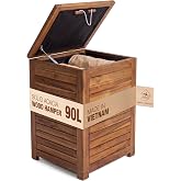 Laundry Hamper &amp; Basket with Lid, Handles, Acacia Wood, Brown, 90L, 23.5 lb | Removable liner bag, hands-free lid, laundry room organization, moisture-resistant, airflow slats, stain resistant, bedroom