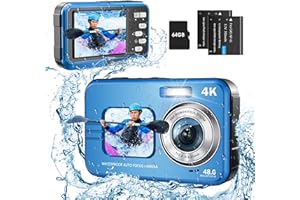 HICSHON Underwater Camera, UHD 4K 48MP Autofocus Waterproof Camera with 16X Zoom Selfie Dual Screens,11FT Compact Waterproof Digital Camera with 64GB Card,Fill Light Underwater Camera for Snorkeling(Blue)