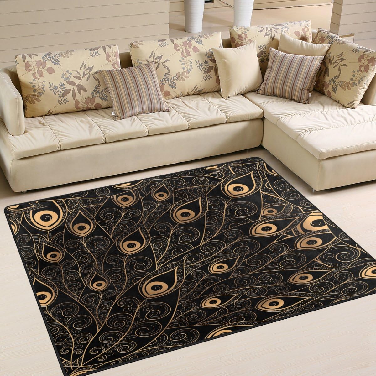 Amazon Com Alaza Gold Black Peacock Feather Area Rug Rugs Mat For Living Room Bedroom 7 X5 Furniture Decor