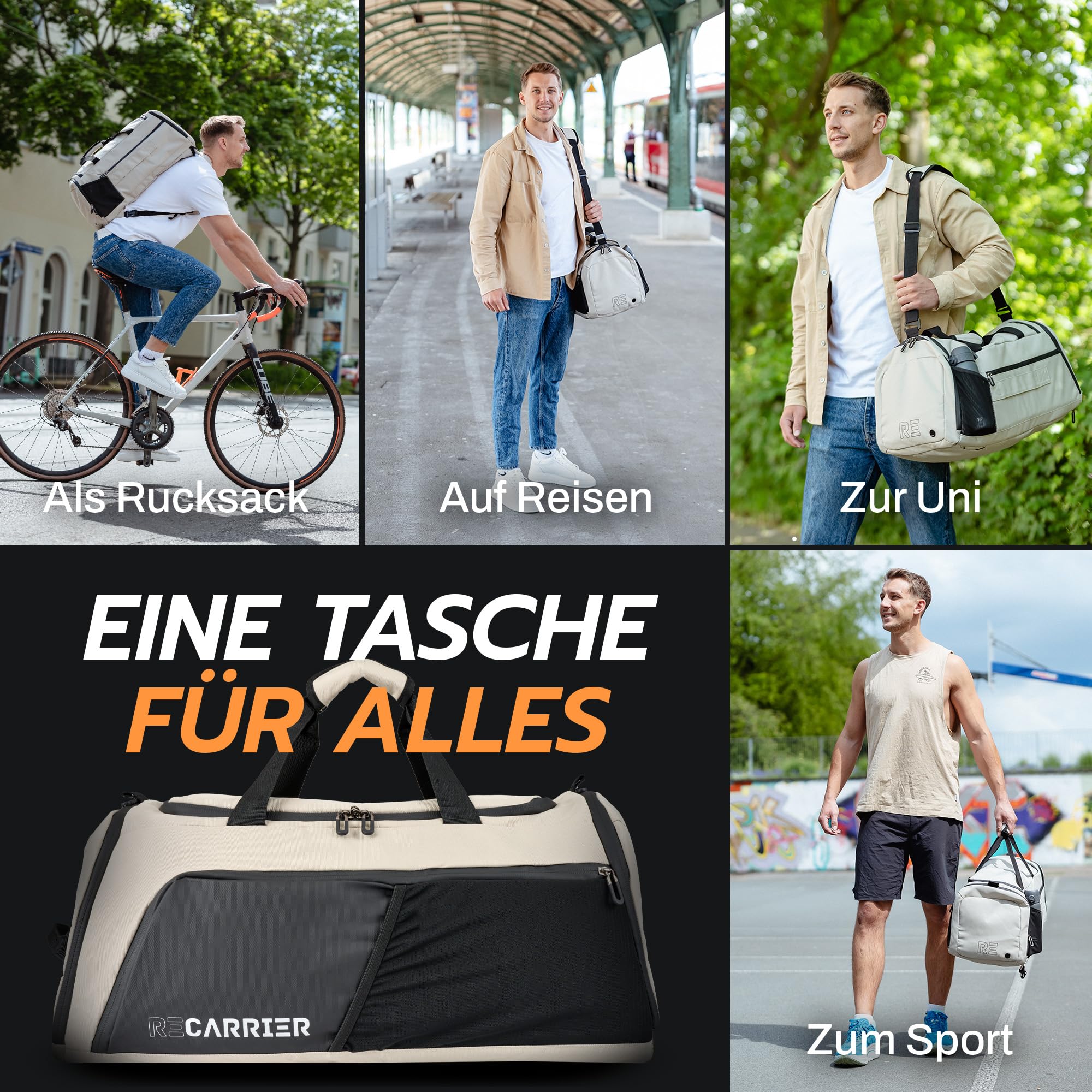 RECARRIER Sporttasche [RECYCELTES PET] 50L –Gym Bag und Rucksack in Einem –wasserdichte Trainingstasche Herren Damen –Sportrucksack wasserdicht mit Schuhfach Fitness, Reisetasche groß (Savanna beige) 3