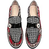 Women's Plaid Lug Sole Penny Loafers,Ladies Sparkly Rhinestones Pearl Trendy Low Heel Slip on Dressy Holiday Shoe Round Toe Comfort Party Evening Glitter Memory Foam Shoe