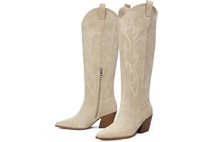 iiimmu Cowgirl Boots Women Knee High Boots Pointed Toe and Block Heel Cowboy Suede and Faux Leather Boots with Embroidered