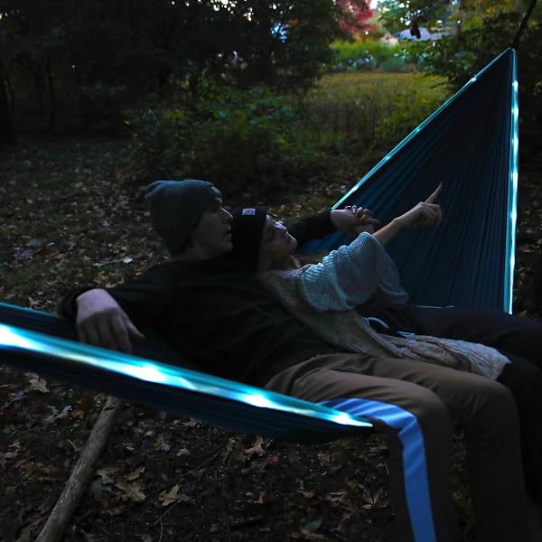 EQUIP OUTDOORS PORTABLE CAMPING ILLUMINATED HAMMOCK, HANGING KIT INCLUDED, TWO PERSON LIGHT UP HAMMOCK, BLUE, 124” L X 77” W (99554)