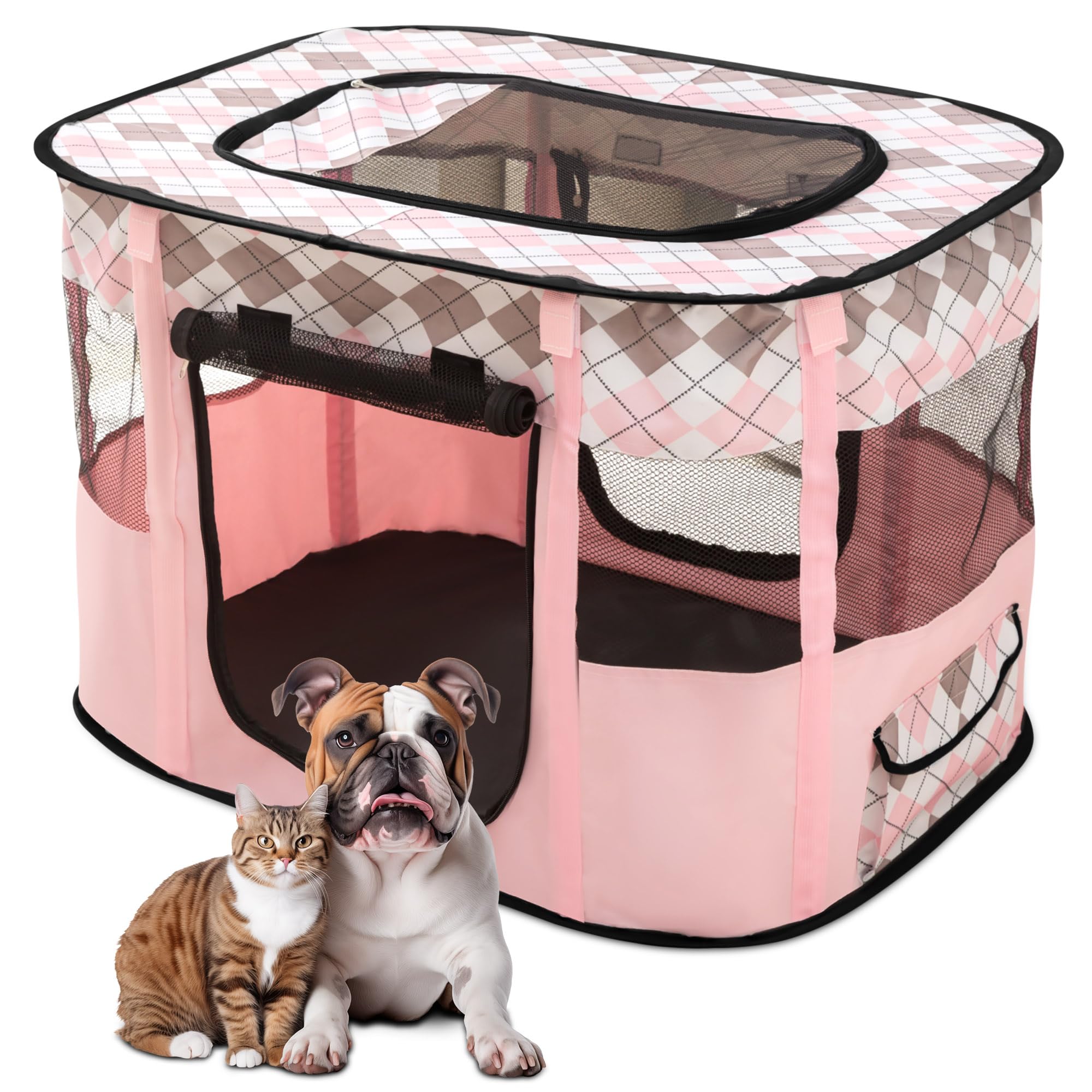 ALLSOPETS Cat Playpen for Dog, Foldable Pet Play Pen for Indoor Outdoor Use, Portable Dog Cat Crate Tent for Puppies Kittens, Pop-Up Pet Cage for Travel Camping (Pink Plaid, M)