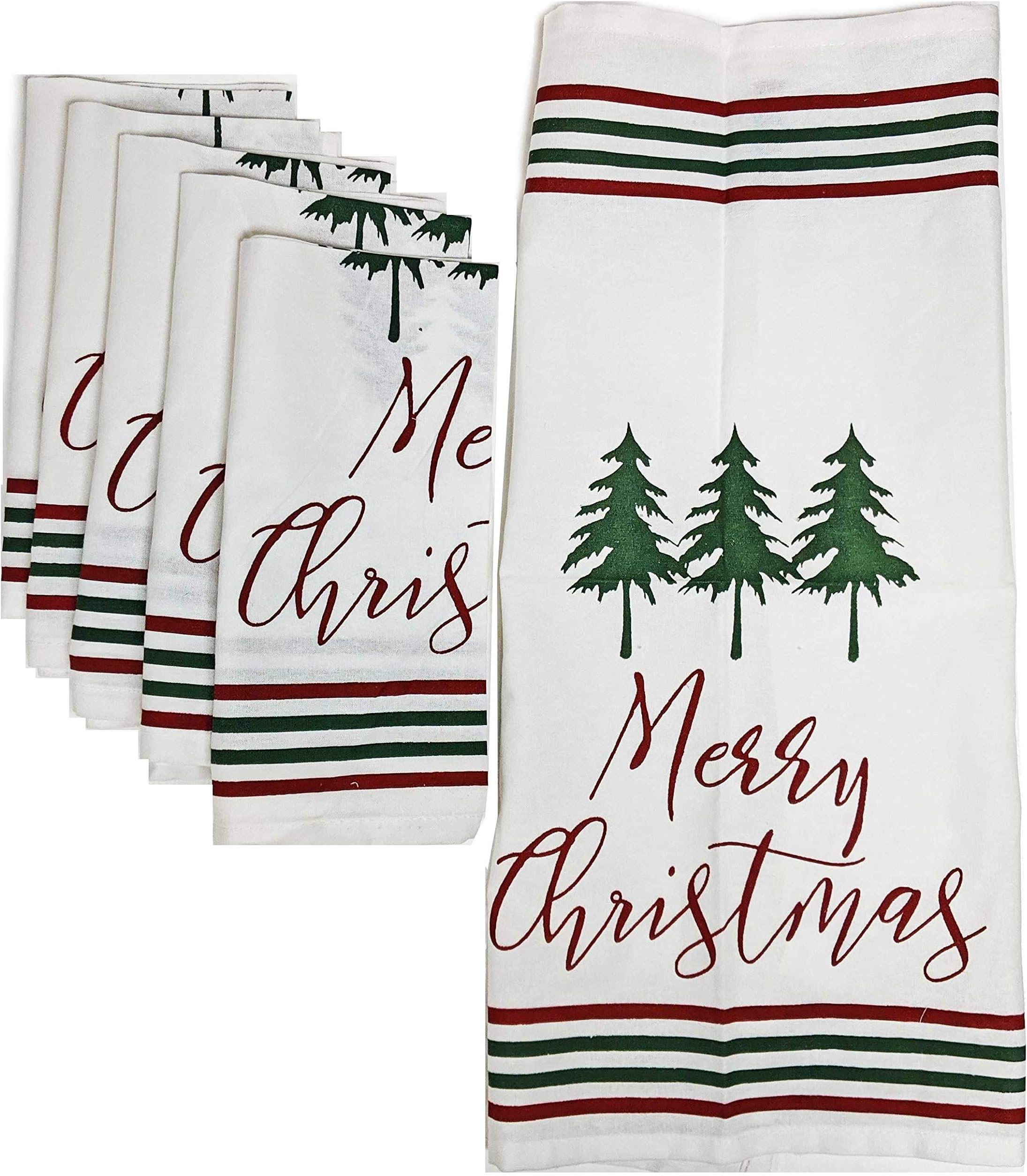 Happy Packs Christmas Printed Cotton Napkins Winter Themes Snowflakes Reindeer Red Green Stripes (Merry Christmas Stripes)