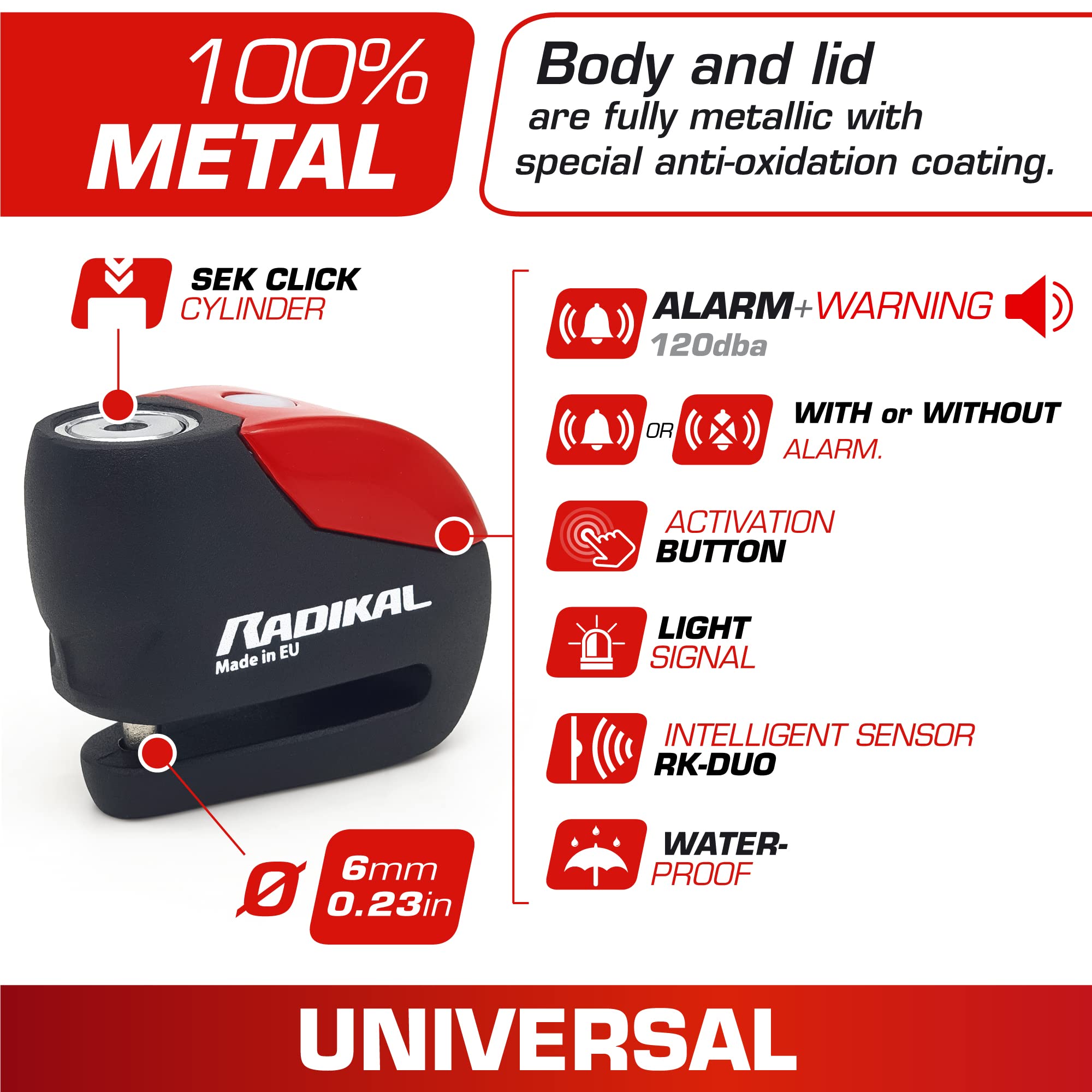 RADIKAL RK9 Disc Lock Alarm 120db ON Button, More Visible, Warning Fonction, 100% Waterproof, Full Metal, Universal Anti Theft Wheel Brake Lock for Motorcycle, Scooter, Bike, Electric Scooter, Bicycle