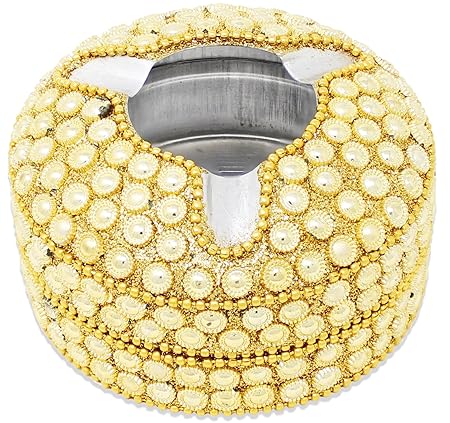 SKAVIJ Handicraft Golden Metal and Glass Beaded Cigarette Ashtray with 3 Rest Slot and Lid Diameter 4 Inches