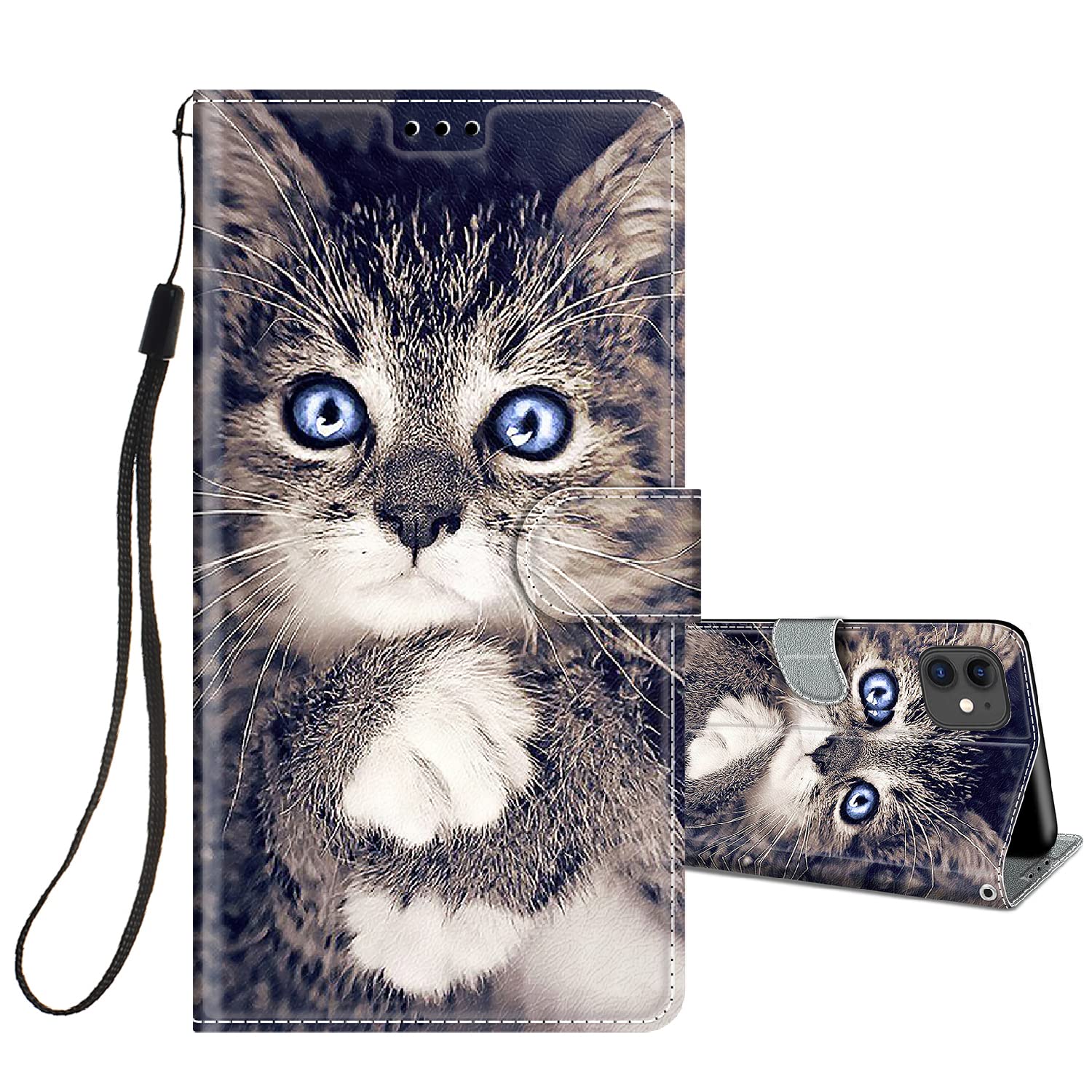 HopMore Flip Case for iPhone 12 / iPhone 12 Pro Phone Case Protective Wallet Case for Girls Women Boys, PU Kickstand Card Slot Holder Silicone Bumper 360 Degrees Shockproof Cover - Grey Cat