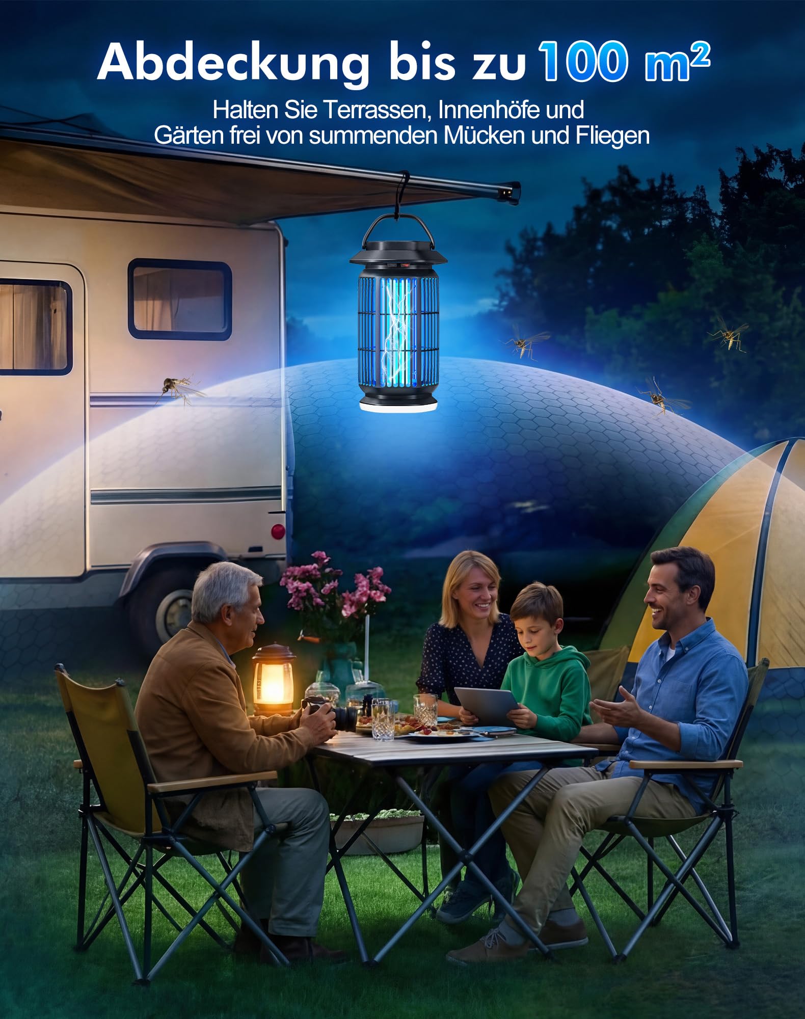 ROVLAK Insektenvernichter Elektrisch mit LED Licht, 4000V Mückenlampe Innen & Außen, 365nm UV Mückenfalle, IPX4 Wasserdicht, 100㎡ Abdeckung Fliegenfalle Lampe für Schlafzimmer, Balkon & Camping 5