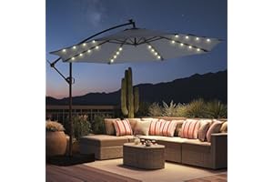 HOMSHADE 10ft Solar Lights Offset Cantilever Patio Umbrella - w/Light and Base, LED Lighted Offset Hanging Patio Outdoor Market Umbrella UPF50+ UV Protection with Easy Tilt and Crank (Grey)