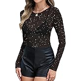 LOMON Womens Mesh Tops Lace Shirts Long Sleeve Crew Neck Sexy See Through Blouses Tee Party Club Night