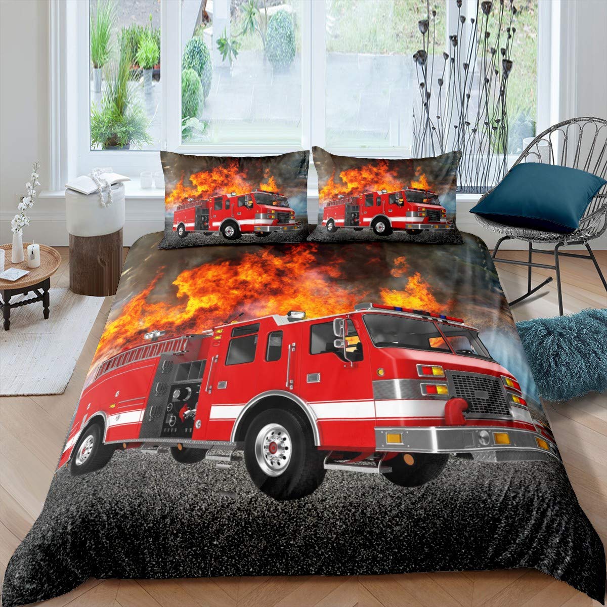 Loussiesd Fire Truck Car Bedding Set Fire Engine Pattern Duvet Cover For Kids Children Teens Firefighter Firemen Comforter Cover Red Truck Bedspread Cover Bedroom Decor Quilt Cover 2Pcs Single Size