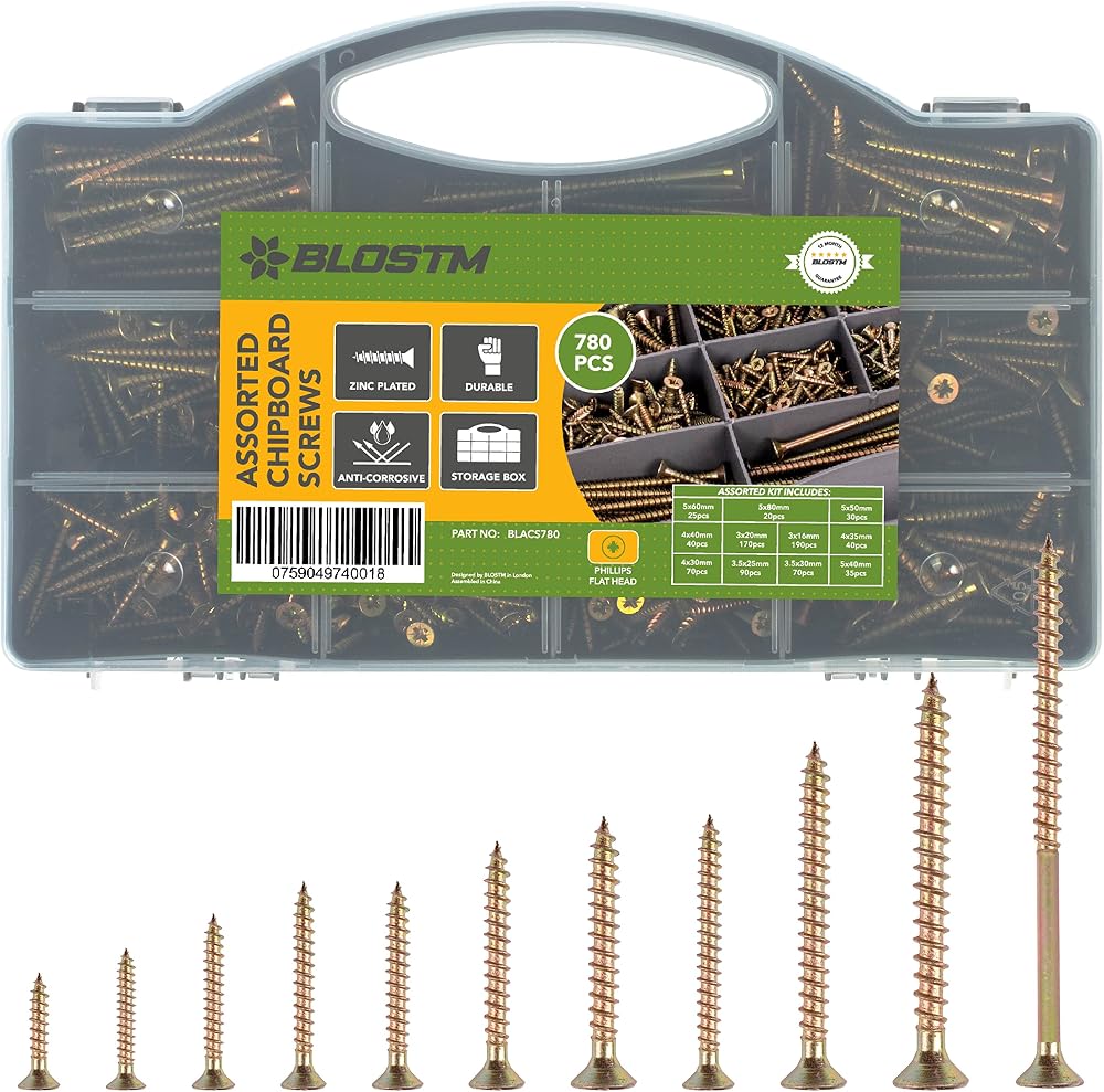 BLOSTM 780PC Wood Screws Assortment Zinc Plated Screw Box Organizer